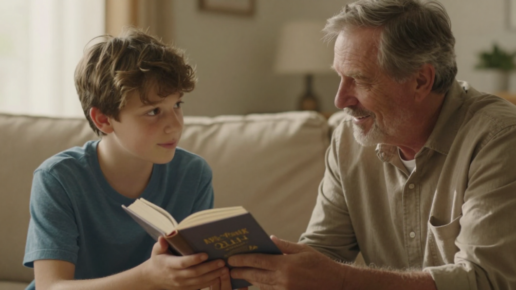 grandfather sharing his legacy book with grandson, written with YOUR MEMOIR BLUEPRINT