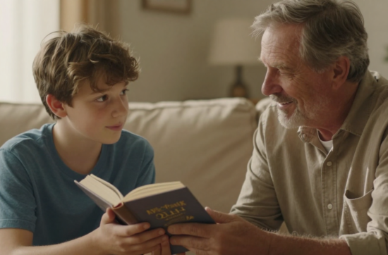 grandfather sharing his legacy book with grandson, written with YOUR MEMOIR BLUEPRINT